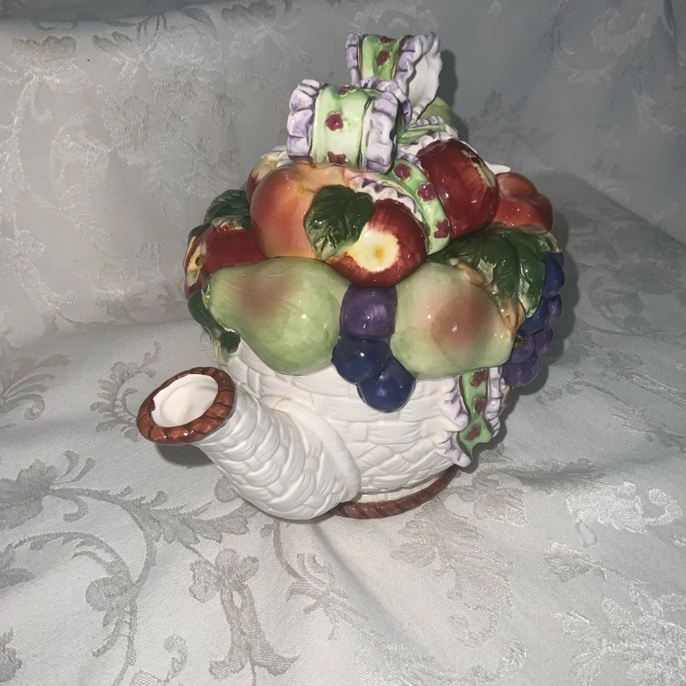 Tea For 3~Vintage 1970’s Colorful Fruit In A Basket~Ceramic Tea Pot & Three Cups